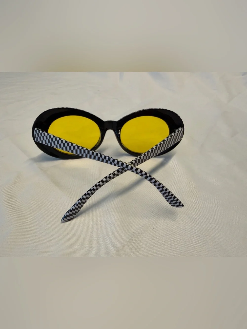 Black White Checkerboard Oval Sunglasses Yellow Lenses Mod Y2K